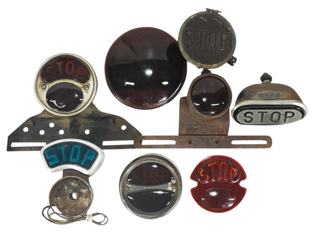 Automobile Stop Lights (8), 1920s-30s aftermarket, all pressed or embossed "Stop", includes red oval (1 of 1)