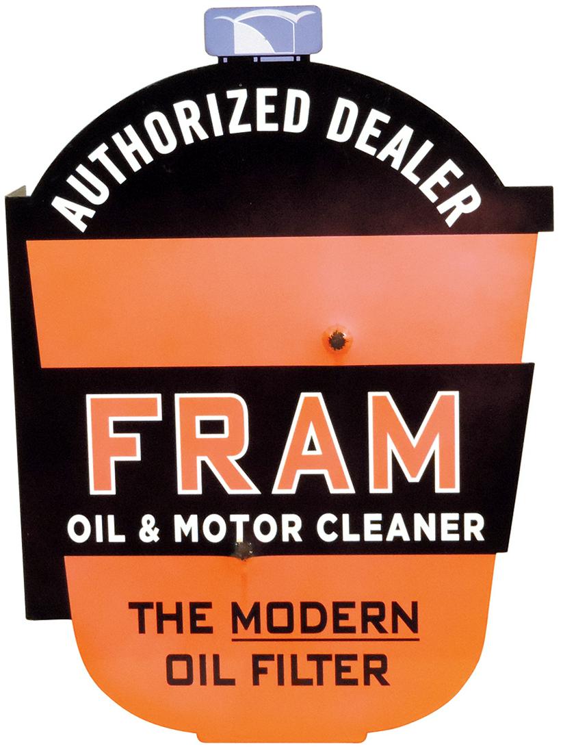 Sign, Fram Filters, contemporary diecut flange, filter shaped 2-sided heavy enamel paint on steel, (1 of 2)
