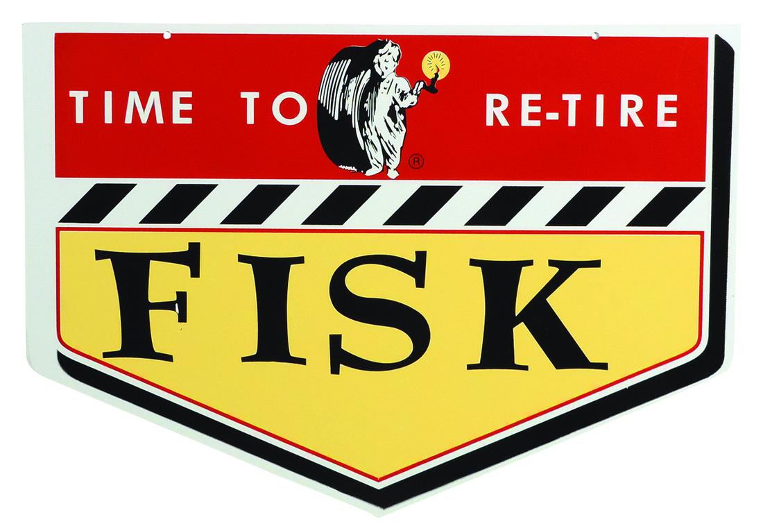 Sign, Fisk Time to Re-Tire, contemporary, heavy enamel paint on diecut steel w/Sleepy Boy mascot,: Sign, Fisk Time to Re-Tire, contemporary, heavy enamel paint on diecut steel w/Sleepy Boy mascot, Exc cond, 17"H x 24.5"W.