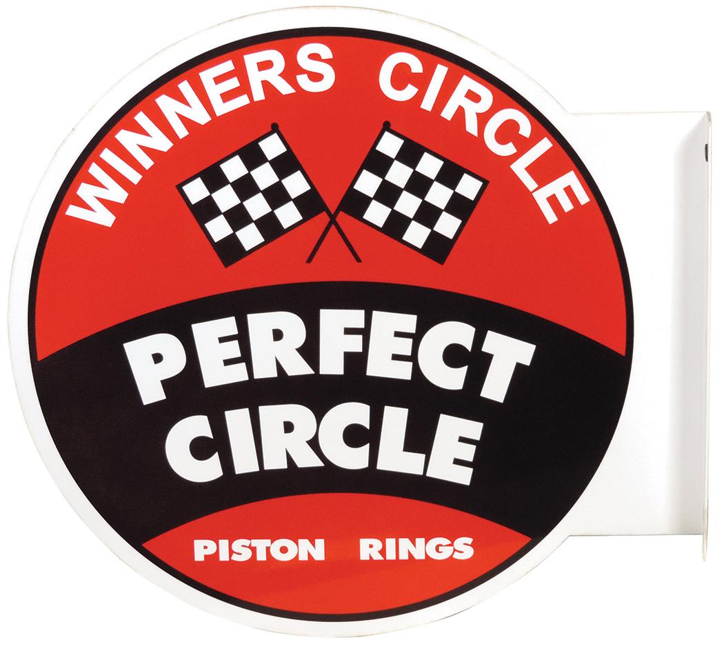 Sign, Perfect Circle Piston Rings, contemporary DSM diecut flange, heavy enamel paint on steel, Exc (1 of 2)