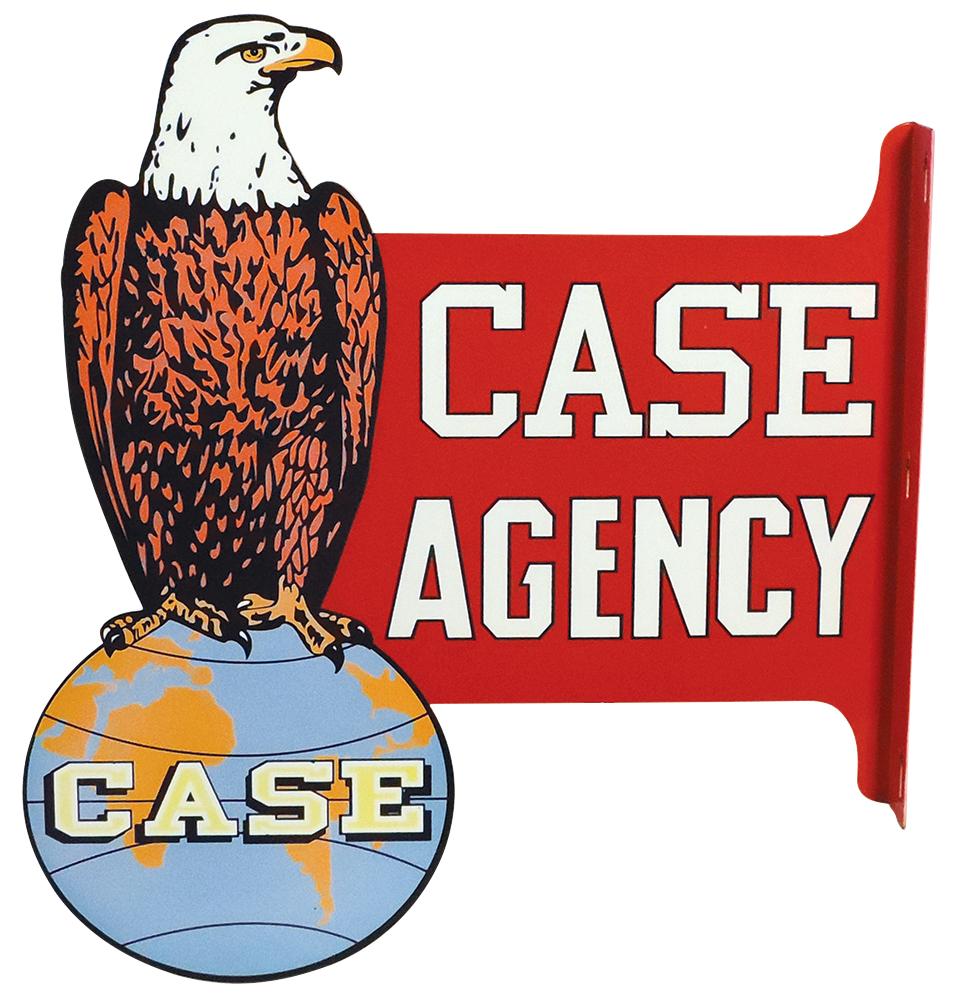 Sign, Case Agency, contemporary flange, 2-sided heavy enamel painted diecut steel w/Eagle on globe (1 of 2)