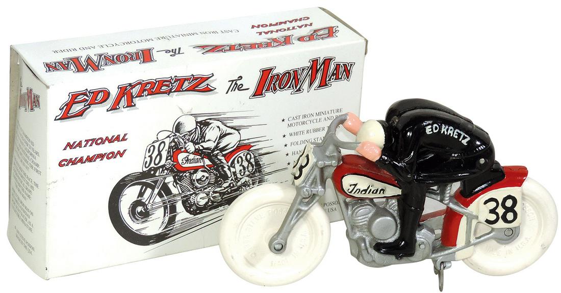 Toy Precision Model, Ed Kretz #38 Indian Motorcycle, hand-painted cast iron by Steve Posson 1993, (1 of 2)