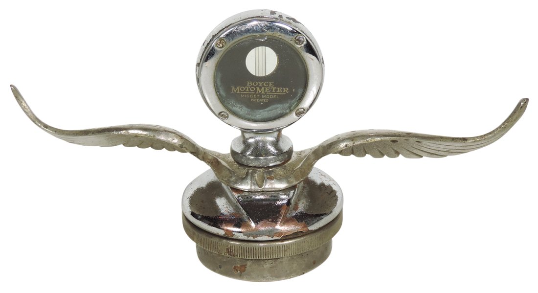Moto Meter, Boyce Midget Model w/wings, chromed metal w/nice details, VG cond w/minor loss on bottom (1 of 2)