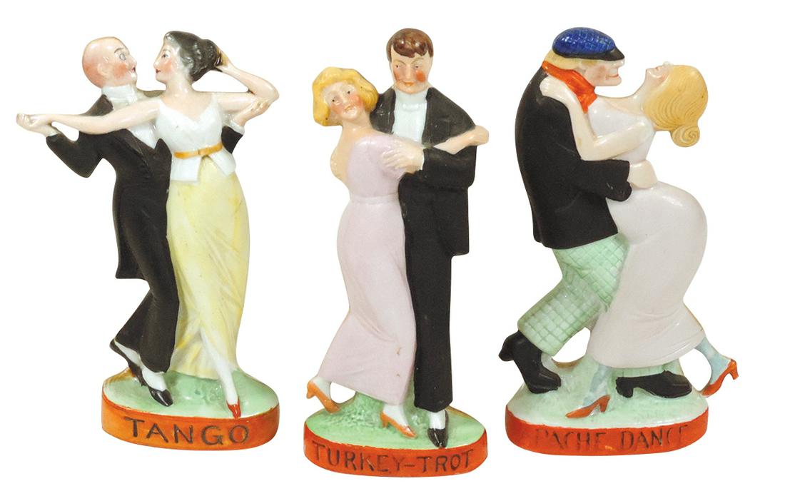 Porcelain Schafer & Vater Figural Flasks or Nips (3), all dancing couples, Turkey-Trot, Tango &: Porcelain Schafer & Vater Figural Flasks or Nips (3), all dancing couples, Turkey-Trot, Tango & Apache Dance, Tango w/porcelain stopper, all Exc cond & 6.5"H.