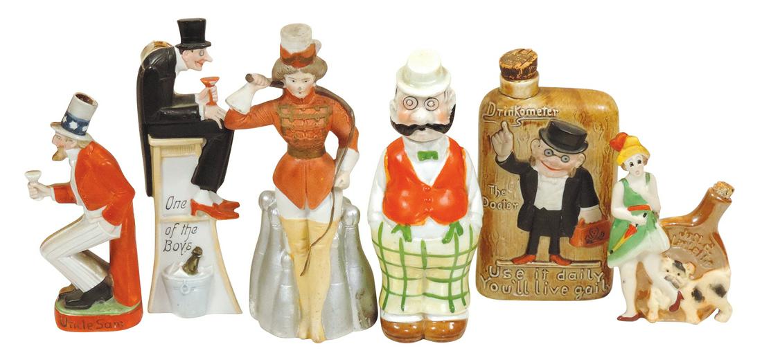 Porcelain Schafer & Vater Figural Nips (6), Drinkometer, One of the Boys w/porcelain stopper, Uncle: Porcelain Schafer & Vater Figural Nips (6), Drinkometer, One of the Boys w/porcelain stopper, Uncle Sam & Drum Majorette & (2) marked Japan-Just a Little Nip girl w/dog & mustache man w/removable head