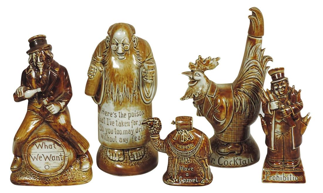 Porcelain Schafer & Vater Figural Flasks or Nips (5), What We Want, Mr. Cocktail, Prohibition, Have: Porcelain Schafer & Vater Figural Flasks or Nips (5), What We Want, Mr. Cocktail, Prohibition, Have a Camel & Monk Here's the Poisonâ€¦, all w/porcelain stoppers, Exc cond, largest 9.5"H.