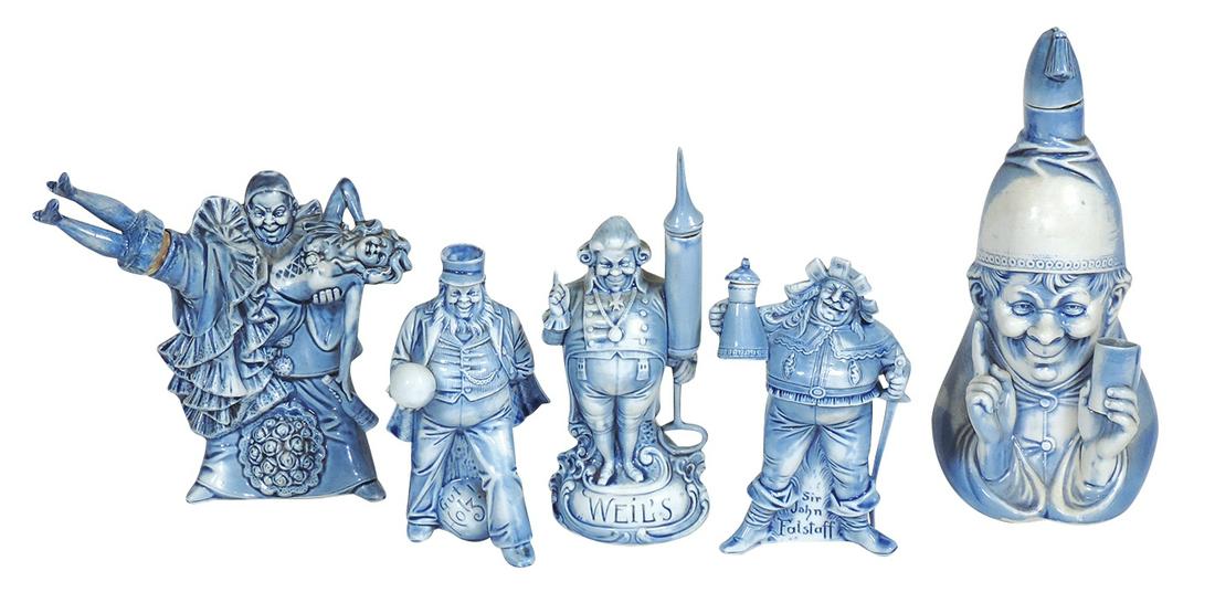 Porcelain Schafer & Vater Figural Flasks or Nips (5), First Aid marked Weil's, Sir John Falstaff,: Porcelain Schafer & Vater Figural Flasks or Nips (5), First Aid marked Weil's, Sir John Falstaff, Good Night, Bowler Gut Holz! (no stopper), Evil Clown with Cabaret Girl, 5 w/porcelain stoppers, all E