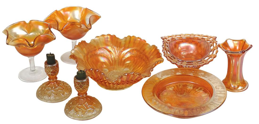 Carnival Glass Marigold (8), ABC plate, compotes, candleholders, bowls & vase in various patterns,: Carnival Glass Marigold (8), ABC plate, compotes, candleholders, bowls & vase in various patterns, Exc cond, largest 9"Dia.
