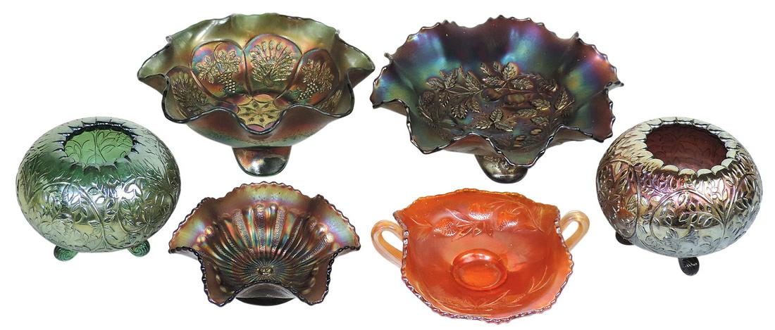 Carnival Glass (6), 2 Louisa rose bowls in green & amethyst, green Peacock & Grapes footed bowl,: Carnival Glass (6), 2 Louisa rose bowls in green & amethyst, green Peacock & Grapes footed bowl, amethyst Three Fruits footed bowl, small amethyst Smooth Rays & marigold Strawberry nappy, Exc cond, la
