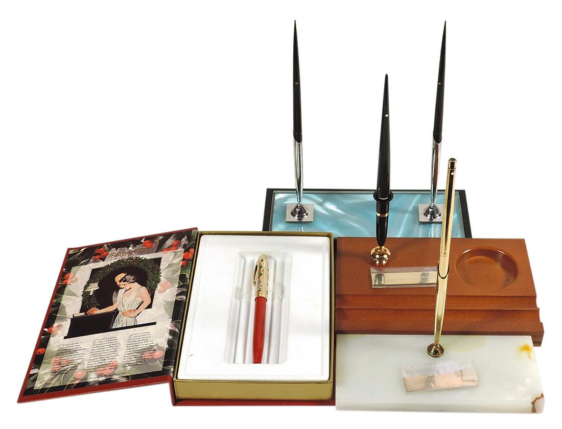Desk Pen Sets & Holly Pen (4), Sheaffer: 1996 Holly red medium ballpoint, Desk Set 45002 w/2 decor: Desk Pen Sets & Holly Pen (4), Sheaffer: 1996 Holly red medium ballpoint, Desk Set 45002 w/2 decor ballpoints & DLX chrome sockets (not White Dot), wood desk set w/black pen & nameplate, plus Millenia