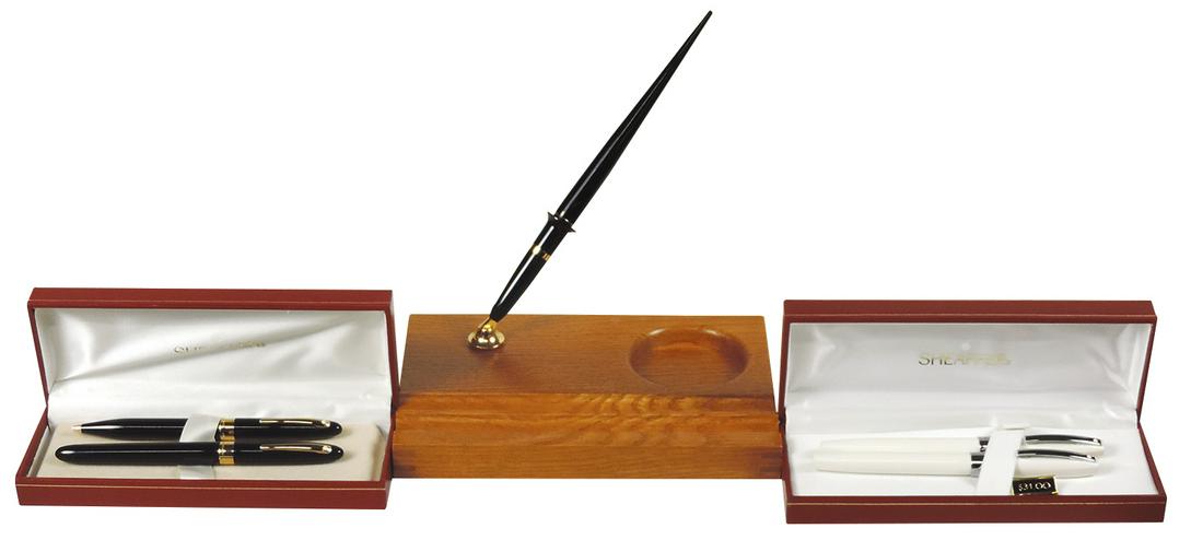 Desk Pen Sets (3), Sheaffer oak Prelude w/ballpoint, 2-pc white Imperial fountain & ballpoint pens &: Desk Pen Sets (3), Sheaffer oak Prelude w/ballpoint, 2-pc white Imperial fountain & ballpoint pens & black Crest re-issue fountain & ballpoint pens, all NOS White Dots in orig boxes, largest 8"W x 9.5
