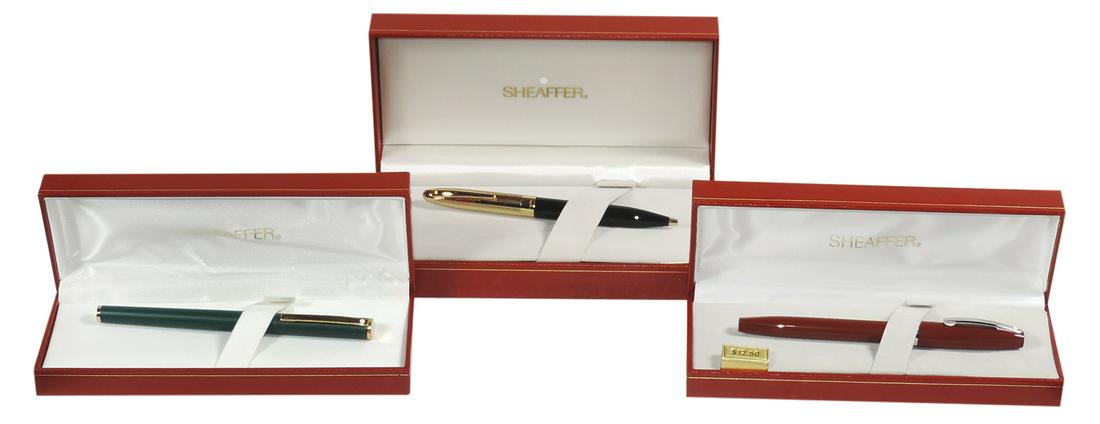 Ballpoint & Rollerball Pens (3), Sheaffer Crest 593-2, 23K gold-plated black lacquer w/med point,: Ballpoint & Rollerball Pens (3), Sheaffer Crest 593-2, 23K gold-plated black lacquer w/med point, Sheaffer Imperial 330 Red rollerball 2331-1 & green Sheaffer rollerball, all NOS White Dots in orig gi