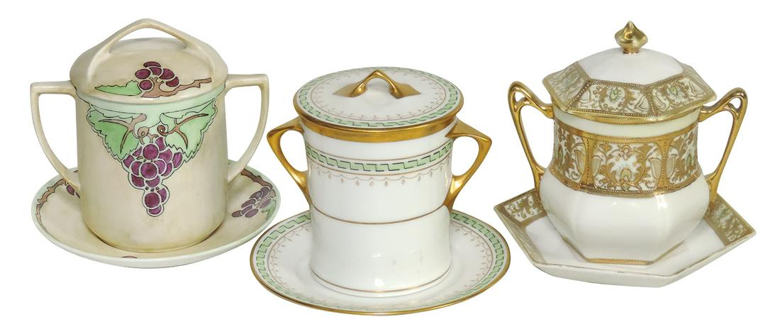 Porcelain (3), Condensed Milk Sets, 3-pc w/covers & underplates, gold decorated Nippon, Art Deco: Porcelain (3), Condensed Milk Sets, 3-pc w/covers & underplates, gold decorated Nippon, Art Deco grapes, Japan & Pickard decorated, hairline to latter o/wise Exc cond.