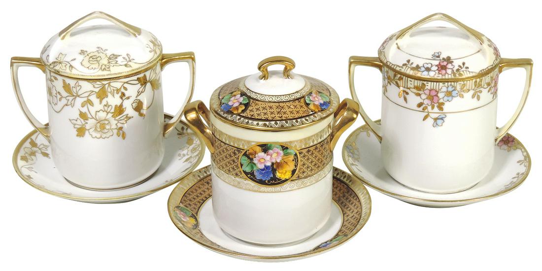Porcelain (3), Condensed Milk Sets, 3-pc w/covers, hand-painted Nippon, 2 w/"M" in wreath marks, Exc: Porcelain (3), Condensed Milk Sets, 3-pc w/covers, hand-painted Nippon, 2 w/"M" in wreath marks, Exc cond, largest 6"H.