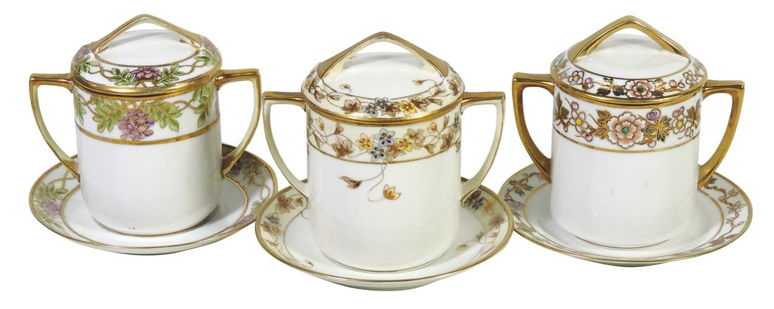 Porcelain (3), Condensed Milk Sets, 3-pc w/covers & underplates w/Nippon "M" in wreath marks, Exc: Porcelain (3), Condensed Milk Sets, 3-pc w/covers & underplates w/Nippon "M" in wreath marks, Exc cond, 6"H.