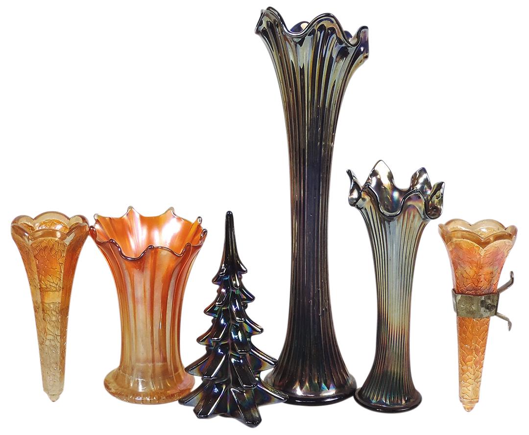 Carnival Glass Vases (6), marigold Thin Rib & 2 blue Fine Rib, 2 marigold auto vases & later: Carnival Glass Vases (6), marigold Thin Rib & 2 blue Fine Rib, 2 marigold auto vases & later Christmas tree, Exc cond, largest 15.5"H.