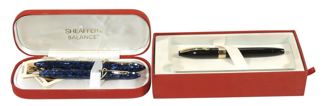 Pen Set & Pen (3), Sheaffer Legacy 2 ballpoint, Black Lacquer w/gold trim & Lucite stand: Pen Set & Pen (3), Sheaffer Legacy 2 ballpoint, Black Lacquer w/gold trim & Lucite stand along w/Balance Cobalt Glow Set w/fountain 18K Nib & med ballpoint 877-5B, all NOS White Dot, Exc cond in orig 