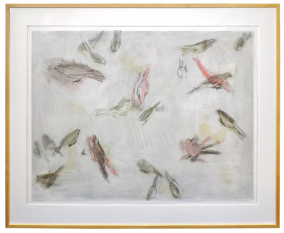 Print/Drawing, Paula Schuette Kraemer (Am. 20th C.) "Bird Gathering II", drawing on Mylar over: Print/Drawing, Paula Schuette Kraemer (Am. 20th C.) "Bird Gathering II", drawing on Mylar over monoprint on paper, pencil signed lower right, titled lower left, shadow mat in acrylic glazed birch fram