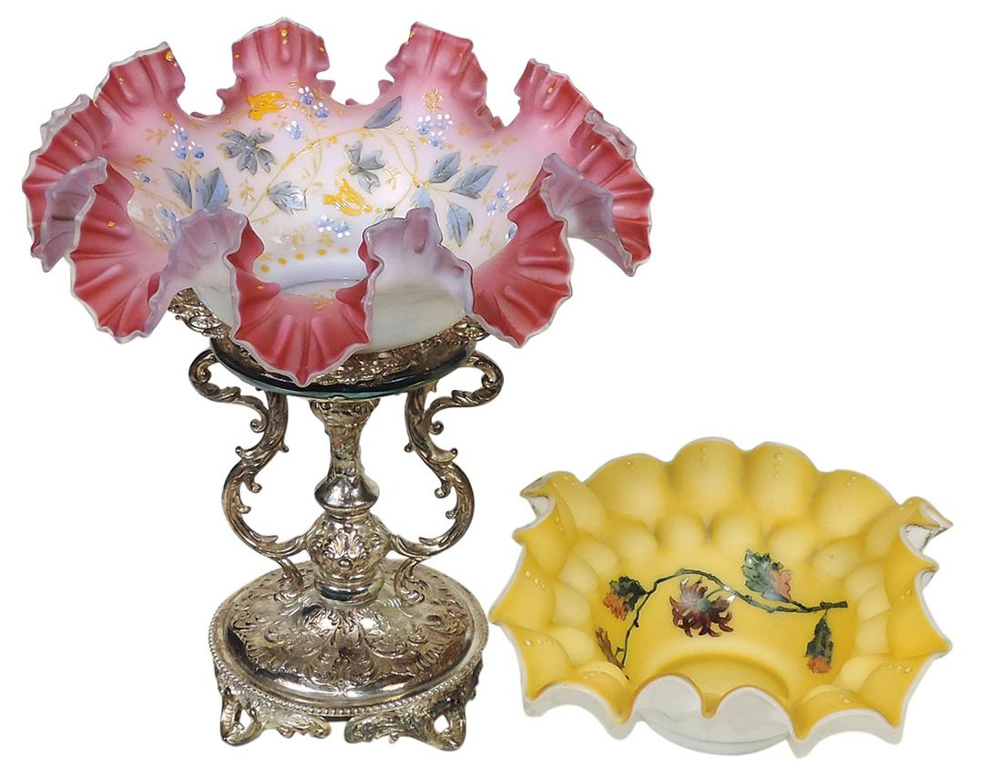Glassware (2), Victorian Bride's baskets, cranberry shaded & enameled on associated silvered stand &: Glassware (2), Victorian Bride's baskets, cranberry shaded & enameled on associated silvered stand & enameled amber w/blown-out bulbs rim, Exc cond, larger 11"Dia.