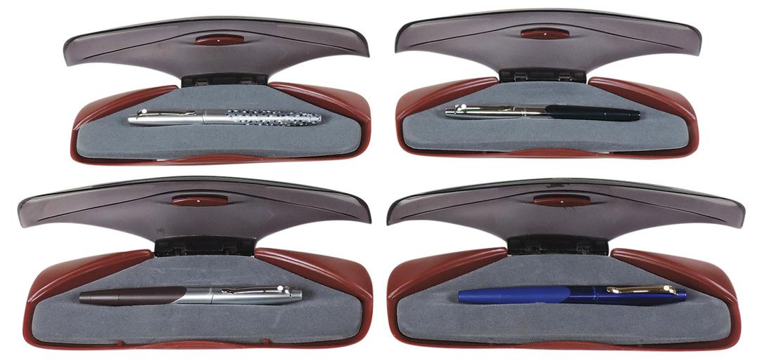 Fountain Pens (4), Sheaffer Intrigue in different finishes, matte chrome, purple two-tone,: Fountain Pens (4), Sheaffer Intrigue in different finishes, matte chrome, purple two-tone, chrome/brown & chrome/black, NOS White Dots in orig clam shell boxes, 7"L.