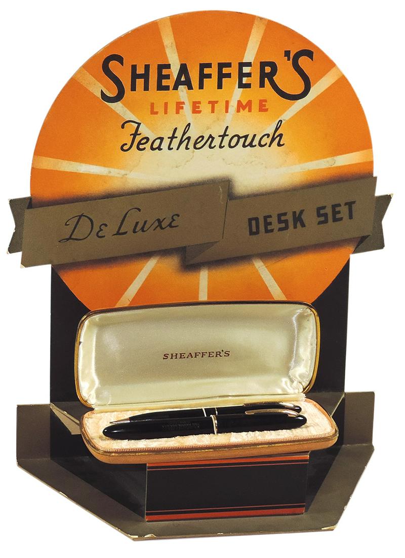 Fountain Pen Store Display, Sheaffer's Feathertouch DeLuxe Desk Set 3-dimentional cdbd counter: Fountain Pen Store Display, Sheaffer's Feathertouch DeLuxe Desk Set 3-dimentional cdbd counter display w/Feathertouch black w/14K Nib fountain pen & mechanical pencil desk set in case, display in VG c