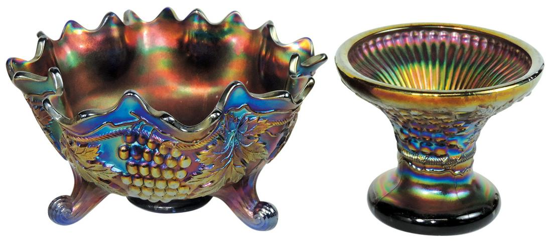 Carnival Glass (2), blue Northwood Grape & Cable footed bowl & amethyst punch bowl stand, Exc cond,: Carnival Glass (2), blue Northwood Grape & Cable footed bowl & amethyst punch bowl stand, Exc cond, larger 9.5"Dia.