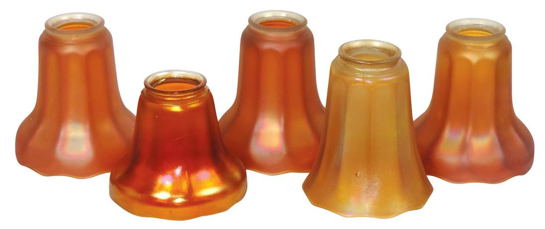 Carnival Glass Shades (5), all marigold, incl set of 3 Lightolier (signed), Fenton paneled plus: Carnival Glass Shades (5), all marigold, incl set of 3 Lightolier (signed), Fenton paneled plus signed Nuart, Exc cond, largest 5.75"H.