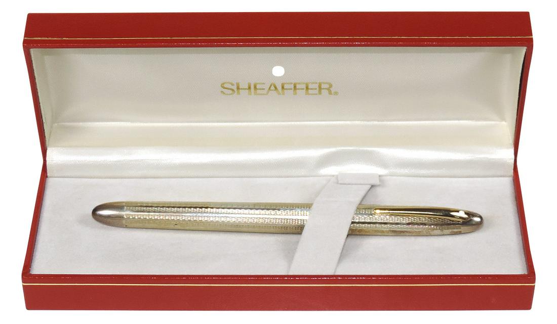Fountain Pen, Sheaffer Crest re-issue w/18K Nib, Sterling Silver barrel & cap, NOS White Dot in orig: Fountain Pen, Sheaffer Crest re-issue w/18K Nib, Sterling Silver barrel & cap, NOS White Dot in orig box, 7"L.
