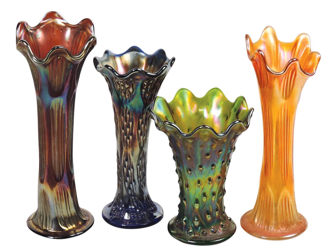 Carnival Glass Vases (4), blue Fenton April Showers, marigold & amethyst Diamond & Rib plus green: Carnival Glass Vases (4), blue Fenton April Showers, marigold & amethyst Diamond & Rib plus green Northwood Tree Trunk, Exc cond, largest 10.75"H.