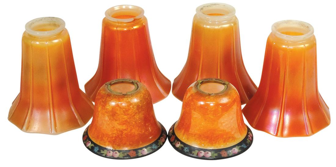 Carnival Glass Shades, 4 matching Imperial Pillar Ribbed & 2 Czech enameled floral shades, Exc cond,: Carnival Glass Shades, 4 matching Imperial Pillar Ribbed & 2 Czech enameled floral shades, Exc cond, largest 5.5"H.