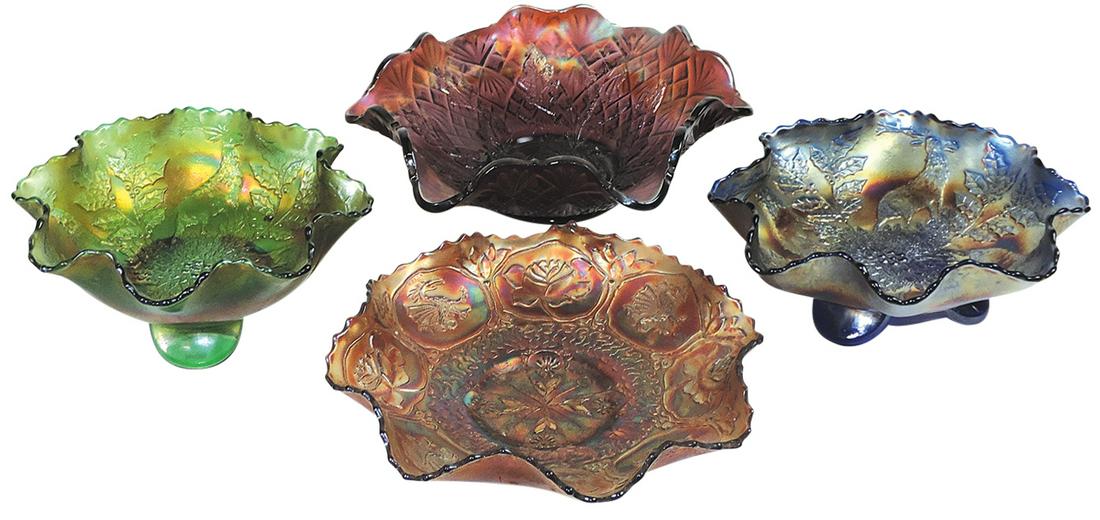 Carnival Glass Bowls (4), amethyst Millersburg Nesting Swan, amethyst Fenton Dragon & Lotus plus: Carnival Glass Bowls (4), amethyst Millersburg Nesting Swan, amethyst Fenton Dragon & Lotus plus blue & green Stag & Holly, Exc cond, largest 9"Dia.