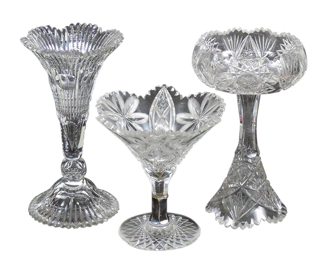 Cut Glass Vases (3), American Brilliant, fine zippers & windows trumpet, bell footed compote &: Cut Glass Vases (3), American Brilliant, fine zippers & windows trumpet, bell footed compote & flared compote w/old silver collar repair, Exc cond, largest 10"H.
