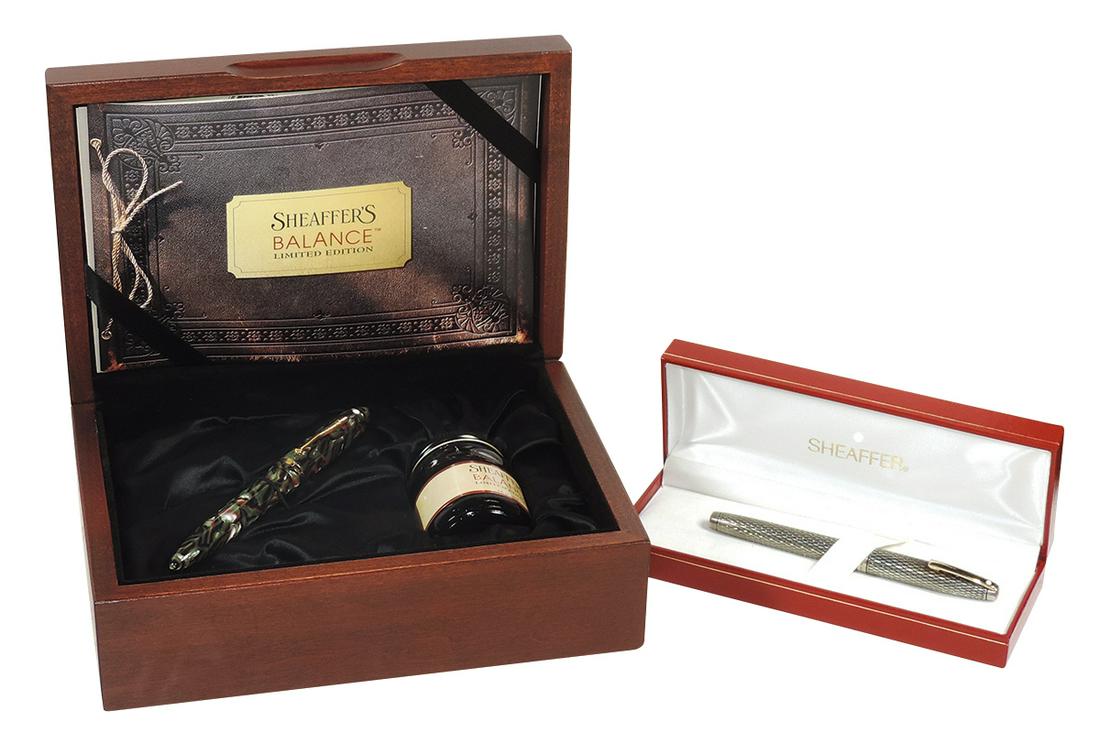 Fountain Pens, Sheaffer's Balance Limited Edition Presentation Case, White Dot in Black/Green/: Fountain Pens, Sheaffer's Balance Limited Edition Presentation Case, White Dot in Black/Green/Red & Pearl marble, Exc NOS cond w/ink & booklet & Sheaffer White Dot Imperial Sterling Silver Diamond Gri