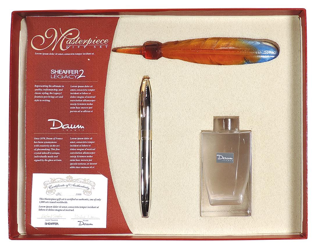 Fountain Pen, Sheaffer Masterpiece Gift Set, Legacy 2 Daum France, includes crystal inkwell: Fountain Pen, Sheaffer Masterpiece Gift Set, Legacy 2 Daum France, includes crystal inkwell individually made & signed by the glass artesian & fountain pen w/18K Nib, NOS White Dot in orig case.