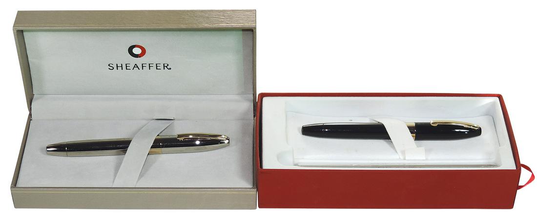 Fountain Pens (2), both Sheaffer Legacy 2, black w/gold-filled trim & Legacy 2 plastic pen holder &: Fountain Pens (2), both Sheaffer Legacy 2, black w/gold-filled trim & Legacy 2 plastic pen holder & Palladium w/gold-filled trim, 863-OF, both NOS White Dots w/18K Nibs in gift boxes.