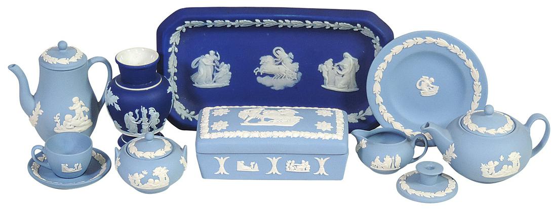 Porcelain (10), Wedgwood Jasperware cabinet miniatures, dk & lt blue dip w/neoclassic patterns incl: Porcelain (10), Wedgwood Jasperware cabinet miniatures, dk & lt blue dip w/neoclassic patterns incl Cupid coffee/tea service, Exc cond, largest 6"L.