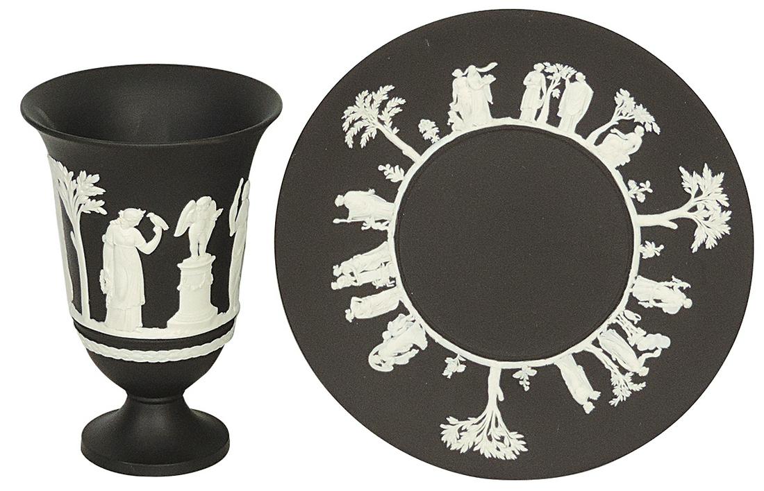 Porcelain (2), Wedgwood Jasperware black dip plate & footed vase w/matching neoclassic figures, Exc: Porcelain (2), Wedgwood Jasperware black dip plate & footed vase w/matching neoclassic figures, Exc cond, larger 9.25"Dia.