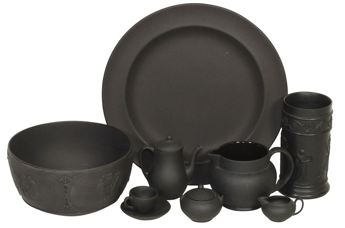 Porcelain (9), Wedgwood Jasperware all black dip & basalt, incl classical scene vase & bowl, plate,: Porcelain (9), Wedgwood Jasperware all black dip & basalt, incl classical scene vase & bowl, plate, cream jug & 5 pc miniature coffee set, Exc cond, largest 4"H.