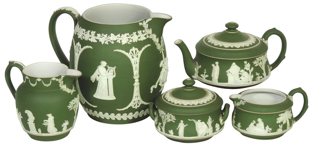 Porcelain (5), Wedgwood Jasperware all olive green dip, c.1900, incl musical allegory milk pitcher,: Porcelain (5), Wedgwood Jasperware all olive green dip, c.1900, incl musical allegory milk pitcher, teapot, cream & sugar plus small jug, Exc cond, largest 6"H.