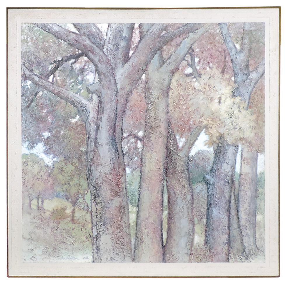 Painting, Ray Frederick (Iowan, 1930-2022) "Row of Trees", signed lower left, titled on stretcher,: Painting, Ray Frederick (Iowan, 1930-2022) "Row of Trees", signed lower left, titled on stretcher, mixed media on paper, laid on canvas w/textured border strip, in slat wood frame, Exc cond, 46.5"Sq.
