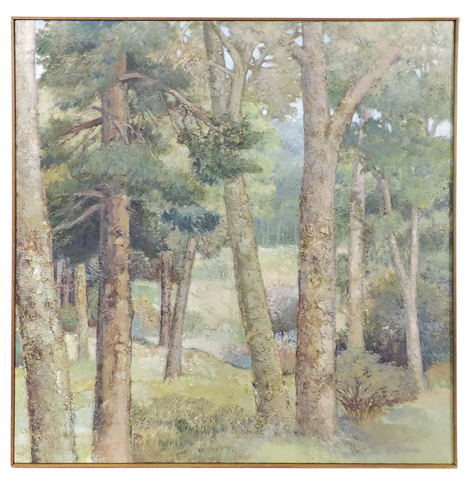 Painting, Ray Frederick (Iowan, 1930-2022) "Summer Woods", signed lower right, titled on stretcher,: Painting, Ray Frederick (Iowan, 1930-2022) "Summer Woods", signed lower right, titled on stretcher, mixed media on canvas w/slat wood frame, Exc cond, 41"Sq.