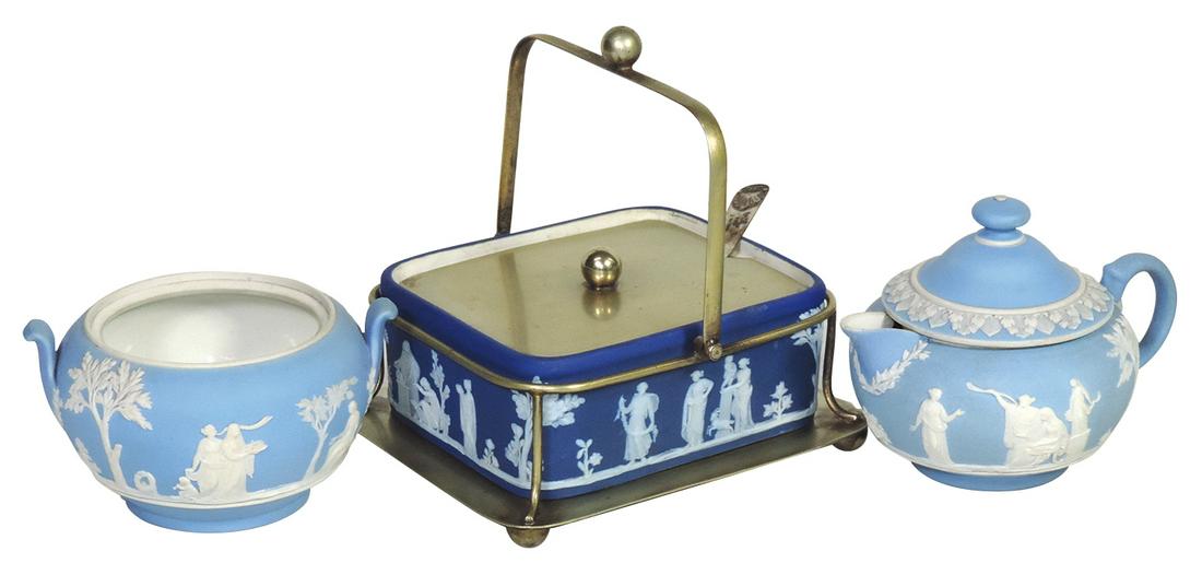 Porcelain (4), Wedgwood Jasperware blue dip sweetmeat in silvered stand w/coin silver spoon & lt: Porcelain (4), Wedgwood Jasperware blue dip sweetmeat in silvered stand w/coin silver spoon & lt blue cream & sugar, Exc cond, largest 6.5"L.