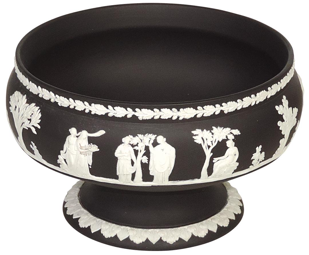 Porcelain, Wedgwood Jasperware footed bowl, black dip with Neoclassic scene of figures & trees,: Porcelain, Wedgwood Jasperware footed bowl, black dip with Neoclassic scene of figures & trees, impressed marks & "Made in England", Exc cond, 8.75" Dia.