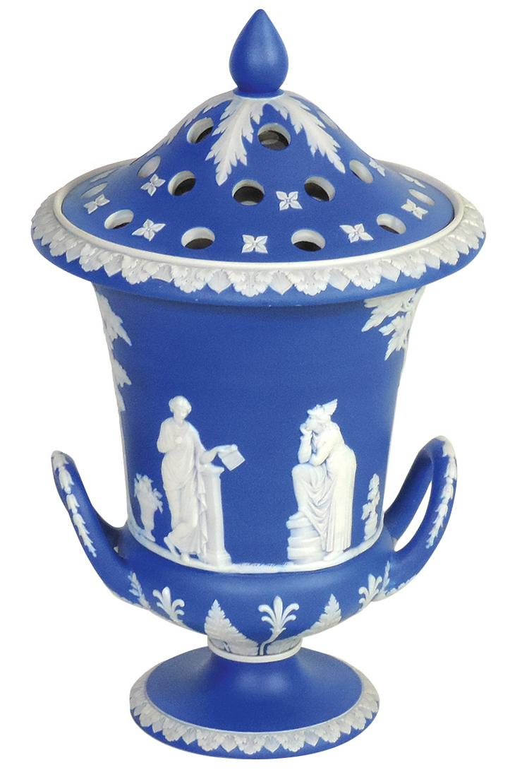 Porcelain, Wedgwood Jasperware potpourri urn, neoclassic figures on handled Campagna w/pierced: Porcelain, Wedgwood Jasperware potpourri urn, neoclassic figures on handled Campagna w/pierced cover, blue dip, ground impressed mark & date letter V, small loss of one leaf tip on top rim otherwise E