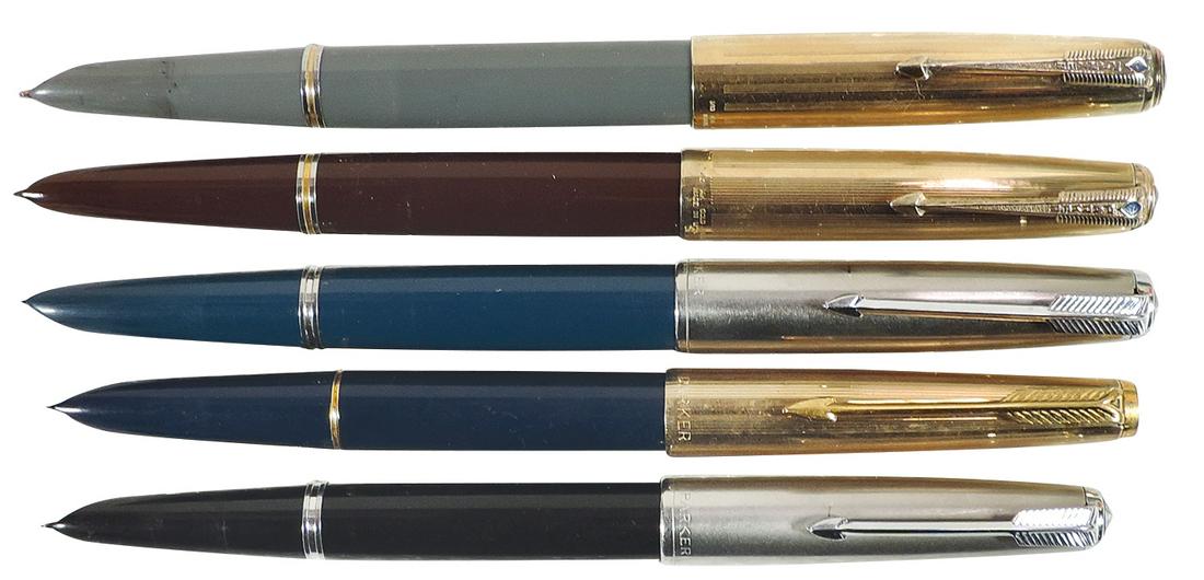 Fountain Pens (5), Parker 51's, Blue Diamonds w/burgundy & gray barrels & gold-filled caps &: Fountain Pens (5), Parker 51's, Blue Diamonds w/burgundy & gray barrels & gold-filled caps & non-diamonds w/navy blue (2) & black barrels & chrome & gold-filled caps, all VG/Exc pre-owned untested con