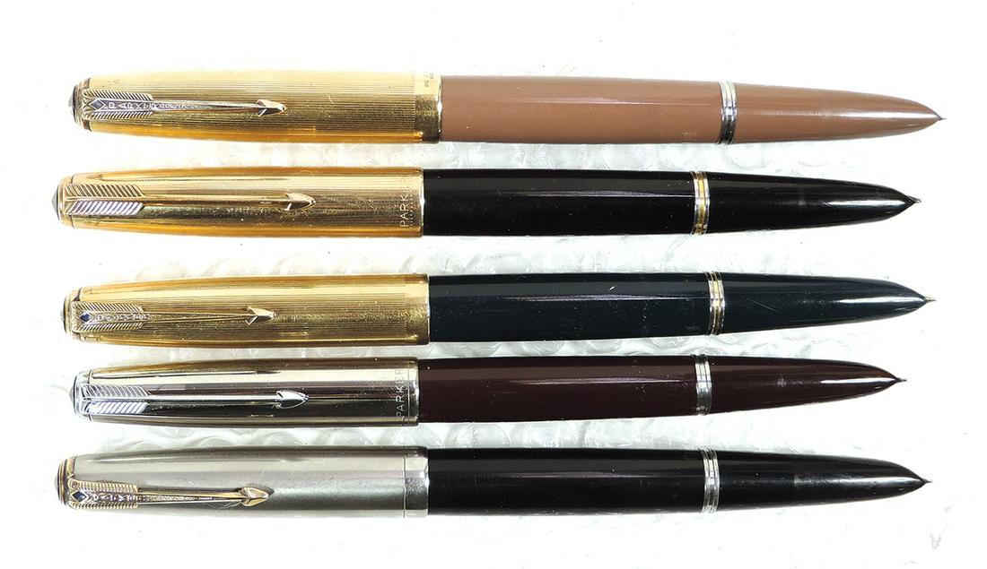 Fountain Pens (5), Parker 51's, Blue Diamonds w/Mauve, Navy Blue & Black barrels, 2 w/gold-filled: Fountain Pens (5), Parker 51's, Blue Diamonds w/Mauve, Navy Blue & Black barrels, 2 w/gold-filled caps, burgundy barrel w/chrome cap & black barrel w/gold-filled cap, all VG/Exc pre-owned untested con