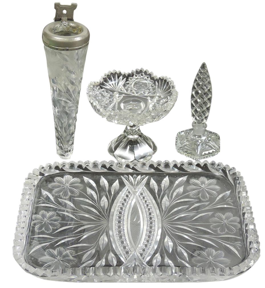 Cut Glass Vanity Pieces (4), American Brilliant, dresser tray, mint compote, floral cut car vase: Cut Glass Vanity Pieces (4), American Brilliant, dresser tray, mint compote, floral cut car vase (loss to base terminal) & Czech perfume, VG cond unless noted, largest 12"L.