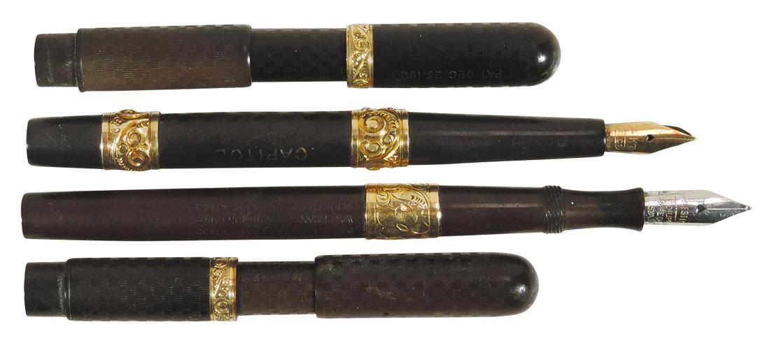 Fountain Pens (4), all black hard rubber, (2) Moore Midgets w/GF trim, pat'd 9-8-96, one: Fountain Pens (4), all black hard rubber, (2) Moore Midgets w/GF trim, pat'd 9-8-96, w/damaged Nib, Capital w/GF trim & Alco 14K #3 Nib, no cap, Waterman Ideal, pat'd 5-23-99 & 8-4-03, Majestic Iridiu