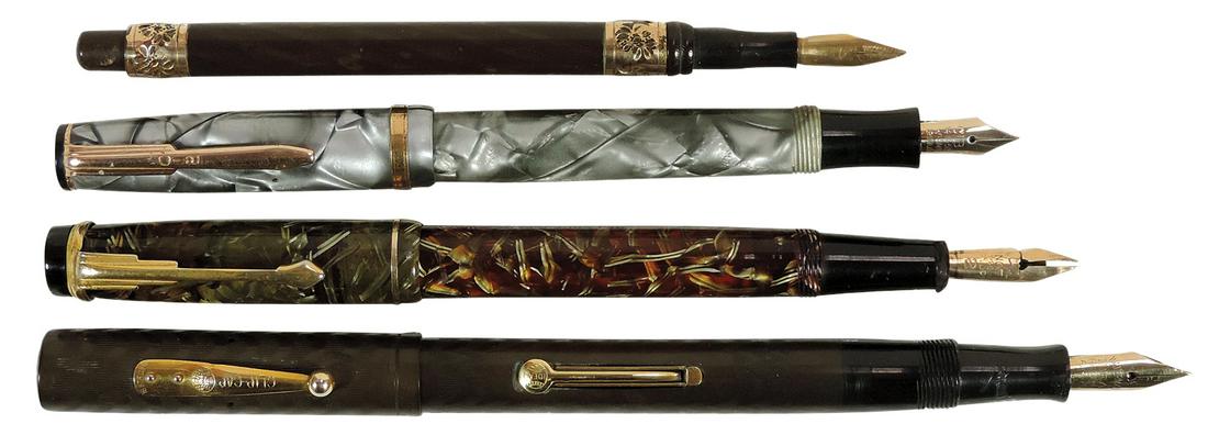 Fountain Pens (4), Grieshaber 1903 in black hard rubber, GF Nib & trim, RARE, no cap; Waterman #52: Fountain Pens (4), Grieshaber 1903 in black hard rubber, GF Nib & trim, RARE, no cap; Waterman #52 Ideal lever-fill black chased hard rubber, VG pre-owned cond, untested; CIB popular color w/GT & CIB 