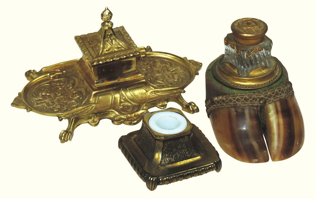 Desk Pen Ink Stands (3), 19th C. animal hoof w/glass well & gilt mounts plus 2 in cast brass, VG: Desk Pen Ink Stands (3), 19th C. animal hoof w/glass well & gilt mounts plus 2 in cast brass, VG cond, largest 9"L.